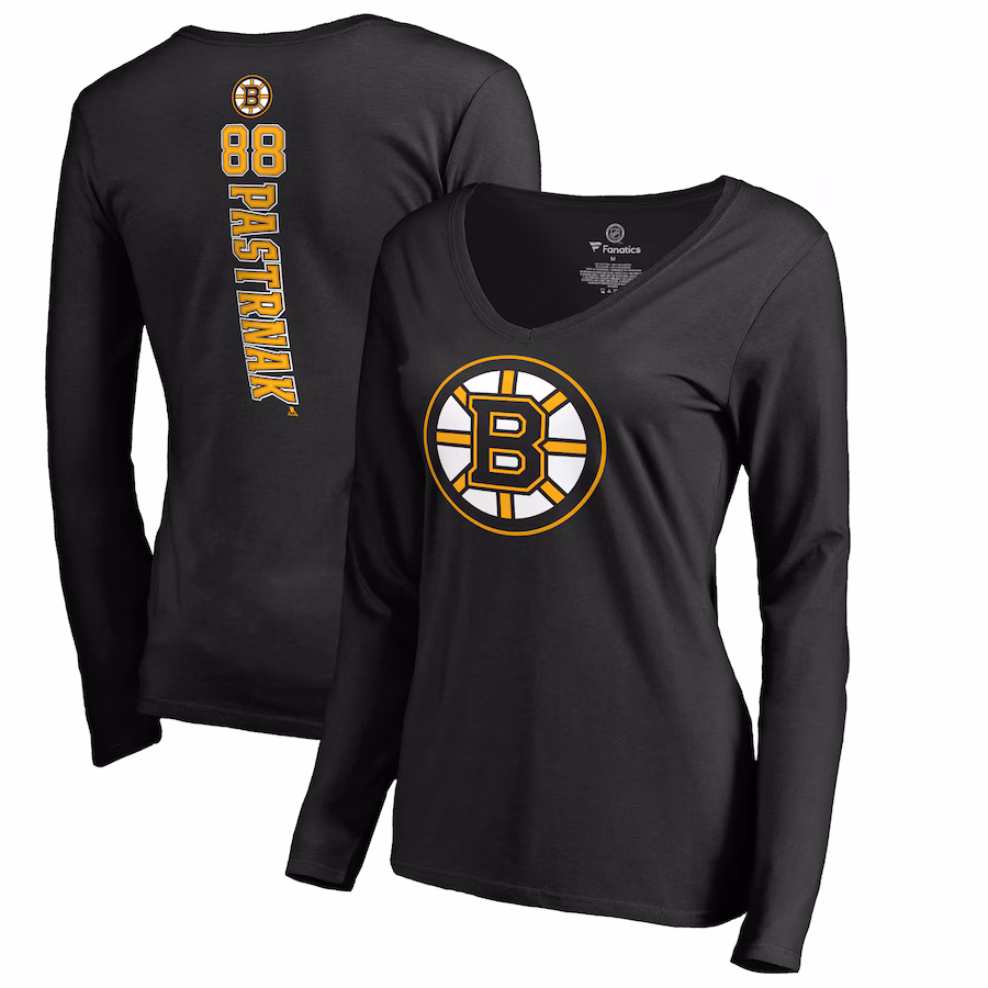 Women's Boston Bruins David Pastrnak Black Backer V-Neck Long Sleeve T-Shirt - Jersey