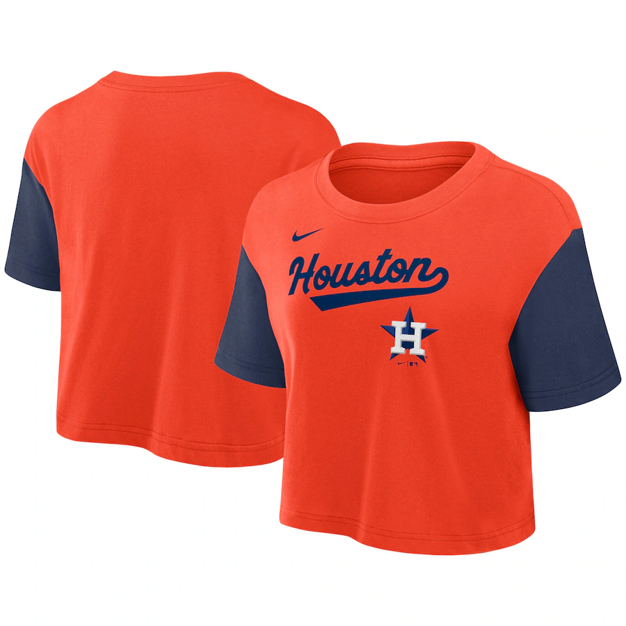 Women's Houston Astros Nike Orange/Navy Script Cropped Performance T-Shirt - Jersey