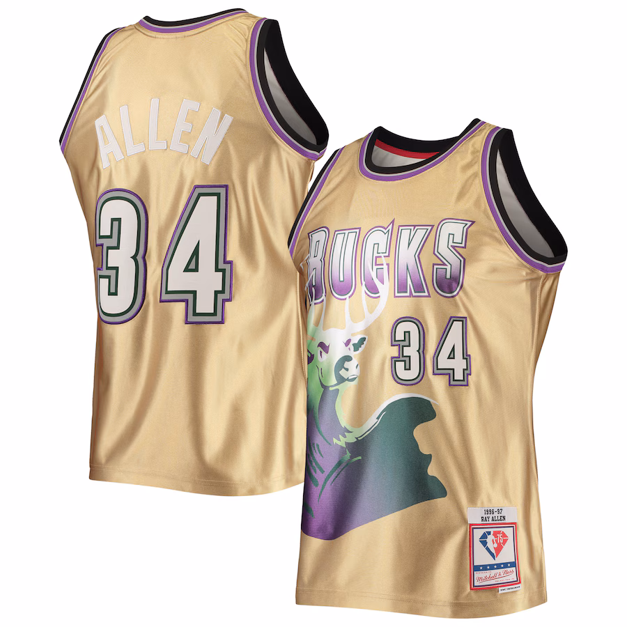 Men's Milwaukee Bucks Ray Allen Gold Mitchell & Ness 75th Anniversary 1996/97 Hardwood Classics Swingman Jersey - Jersey