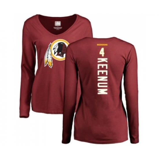 Football Women's Washington Redskins #4 Case Keenum Maroon Backer Long Sleeve T-Shirt - Jersey