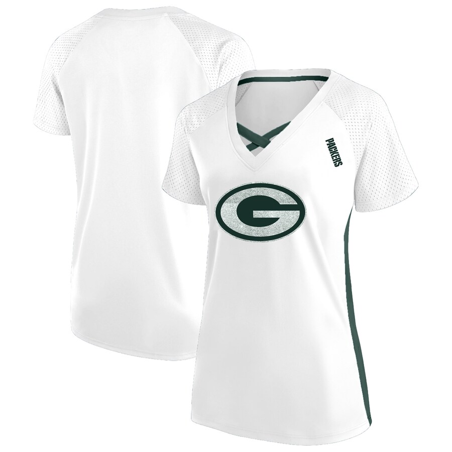 Women's Green Bay Packers Fanatics White Plus Size Glitter Lace-Up V- Neck T-Shirt - Jersey
