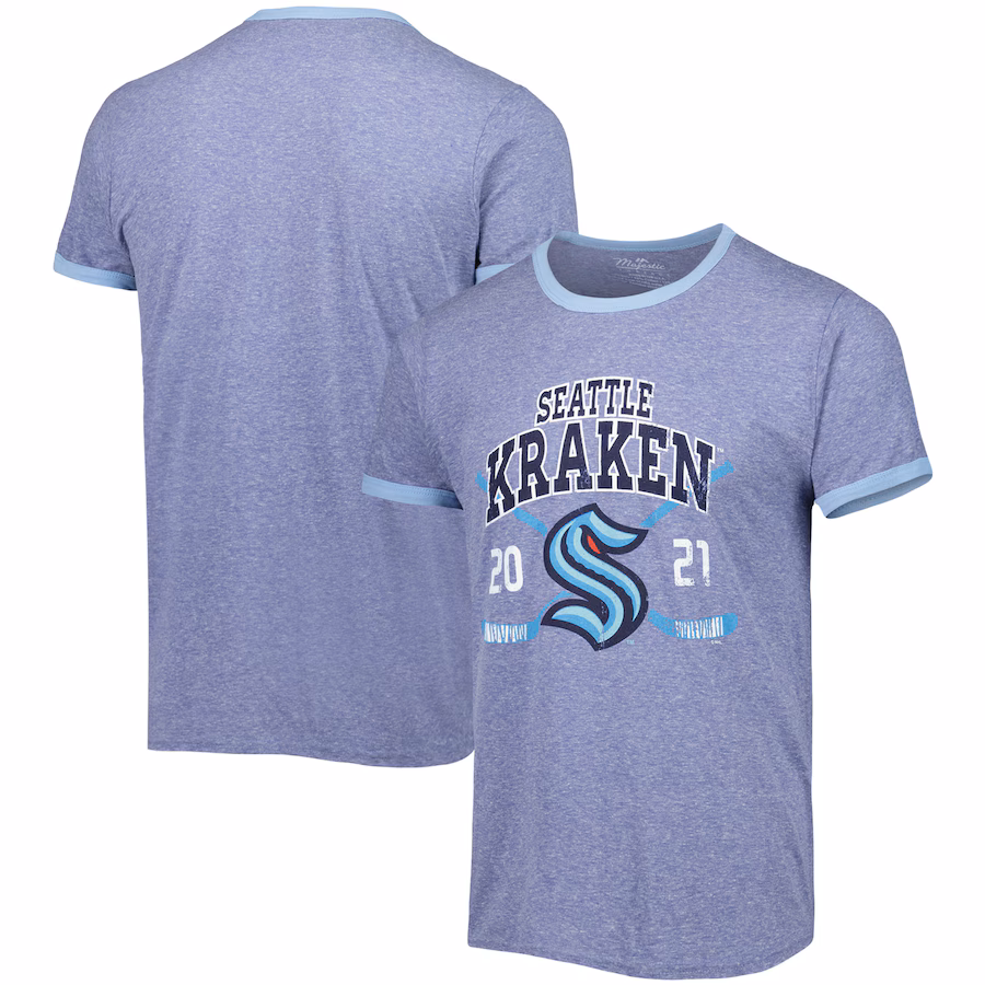 Men's Seattle Kraken Fanatics Heathered Deep Sea Blue Buzzer Beater Tri-Blend Ringer T-Shirt - Jersey