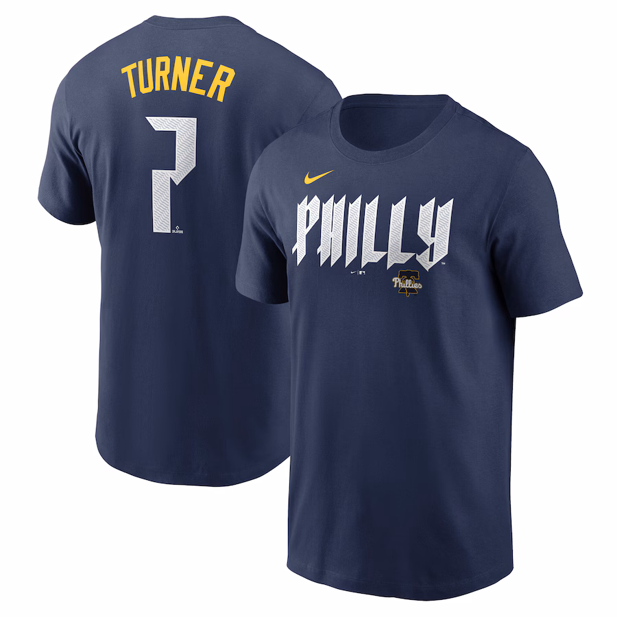 Men's Philadelphia Phillies Trea Turner Nike Royal 2024 City Connect Fuse Name & Number T-Shirt - Jersey