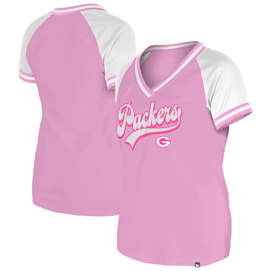 Women's Green Bay Packers New Era Pink Color Multiplier V-Neck T-Shirt - Jersey