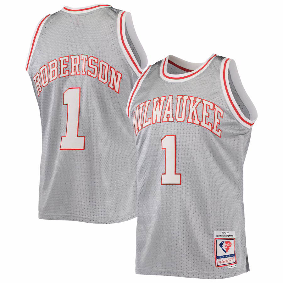 Men's Milwaukee Bucks Oscar Robertson Silver Mitchell & Ness 75th Anniversary 1971/72 Hardwood Classics Swingman Jersey - Jersey