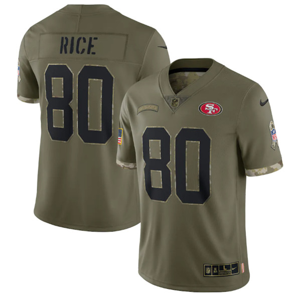 Men's San Francisco 49ers #80 Jerry Rice 2022 Olive Salute To Service Limited Stitched Jersey - Jersey