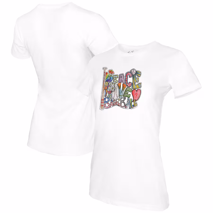 Women's Philadelphia Phillies Tiny Turnip White Peace Love Baseball T-Shirt - Jersey