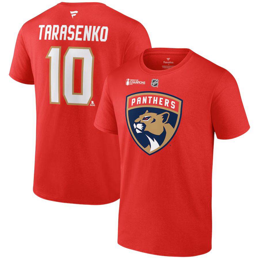 Men's Florida Panthers Vladimir Tarasenko Fanatics Red 2024 Stanley Cup Champions Authentic Stack Name & Number T-Shirt - Jersey