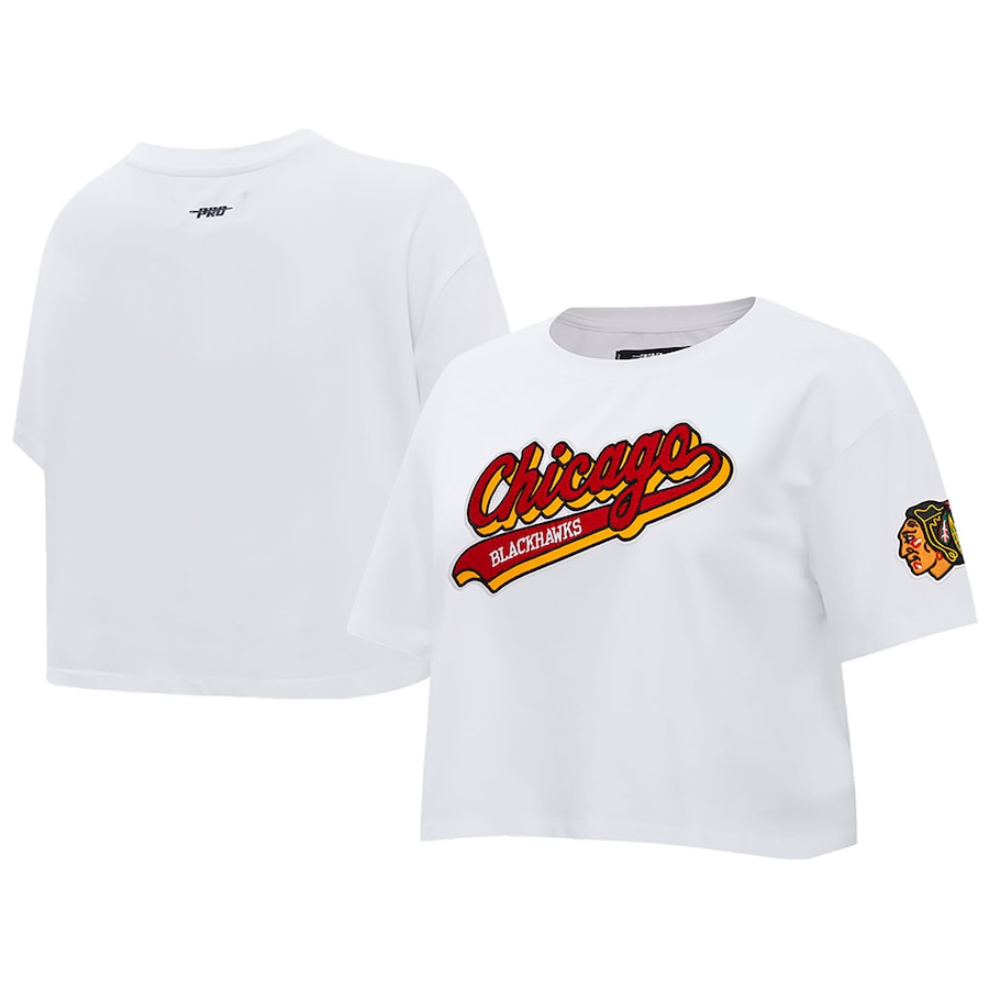 Women's Chicago Blackhawks Pro Standard White Boxy Script Tail Cropped T-Shirt - Jersey
