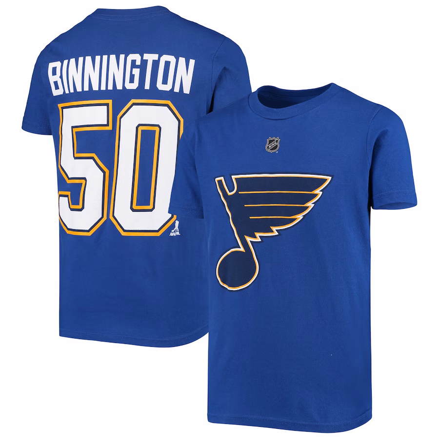 Youth St. Louis Blues Jordan Binnington Royal Player Name & Number T-Shirt - Jersey