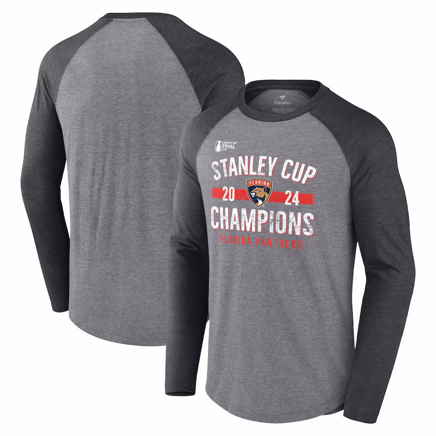 Men's Florida Panthers Fanatics Heather Gray 2024 Stanley Cup Champions Throwback Tri-Blend Raglan Long Sleeve T-Shirt - Jersey