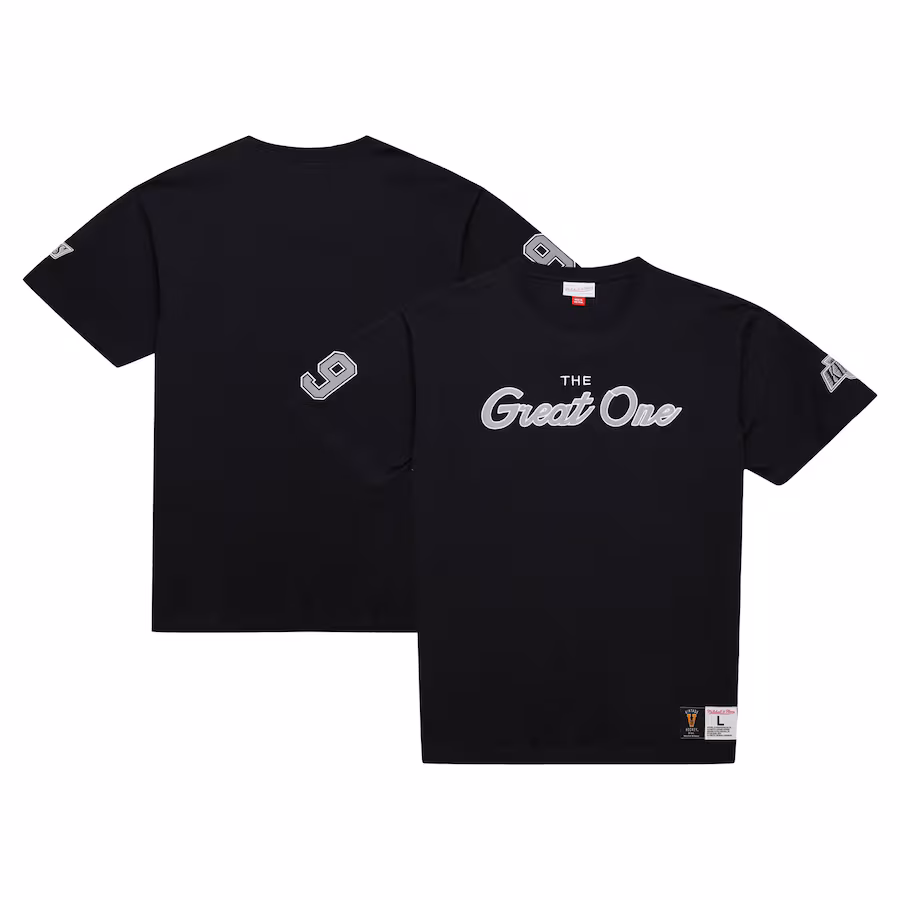 Men's Los Angeles Kings Wayne Gretzky Mitchell & Ness Black Premium Nickname Vintage Logo T-Shirt - Jersey