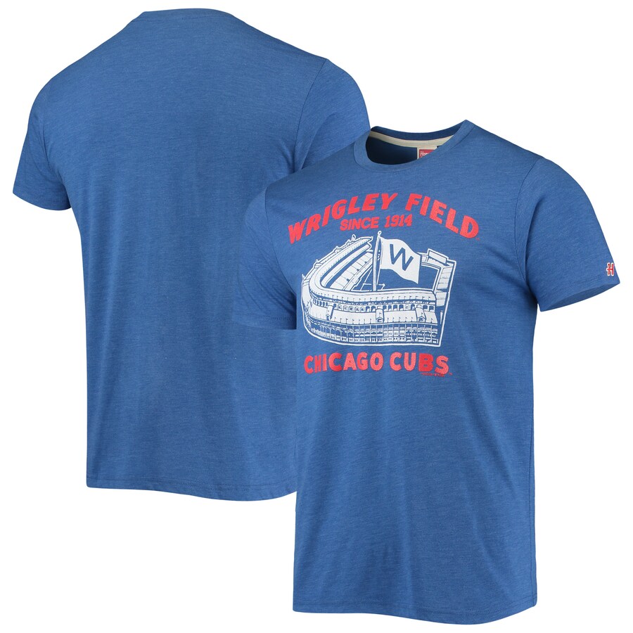 Men's Chicago Cubs Homage Heathered Royal Wrigley Field Tri-Blend T-Shirt - Jersey