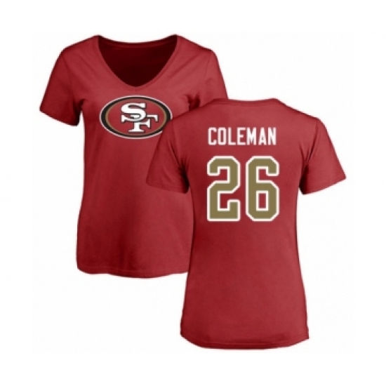 Football Women's San Francisco 49ers #26 Tevin Coleman Red Name & Number Logo T-Shirt - Jersey