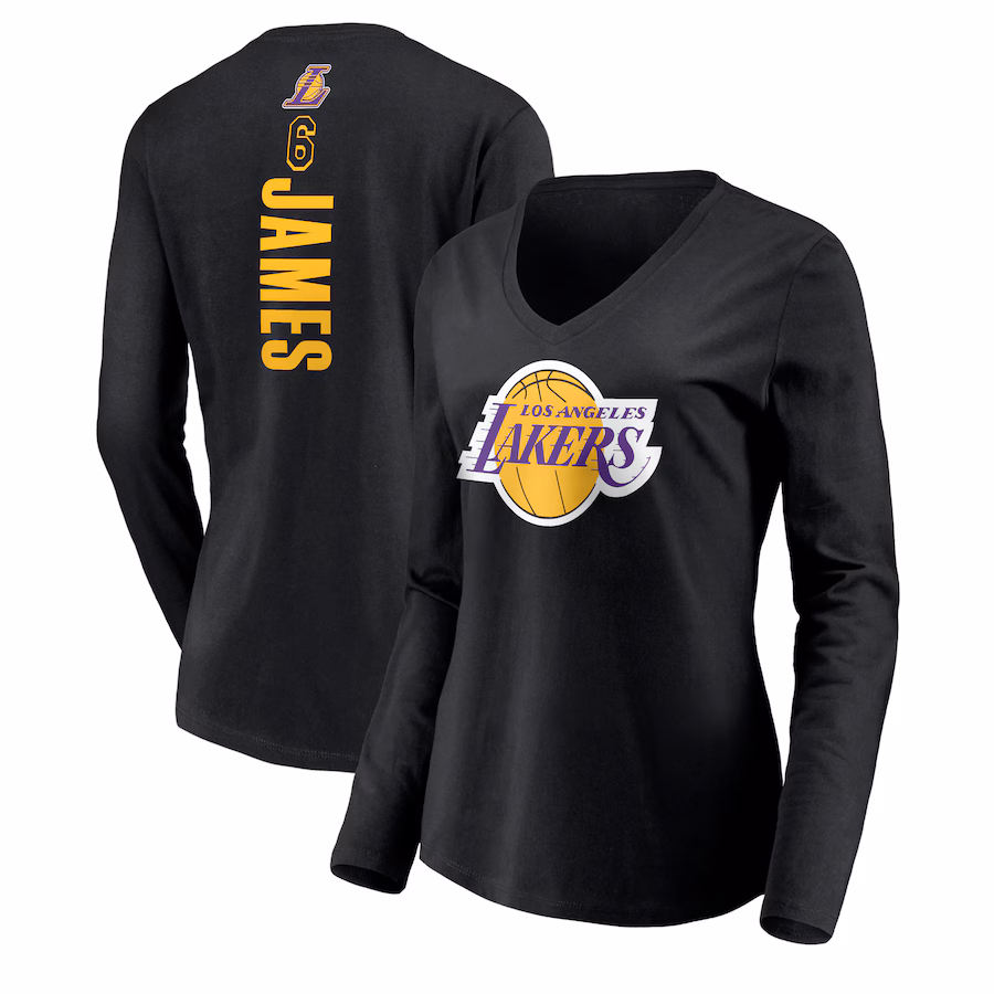 Women's Los Angeles Lakers LeBron James Black #6 Playmaker Name & Number Long Sleeve V-Neck T-Shirt - Jersey