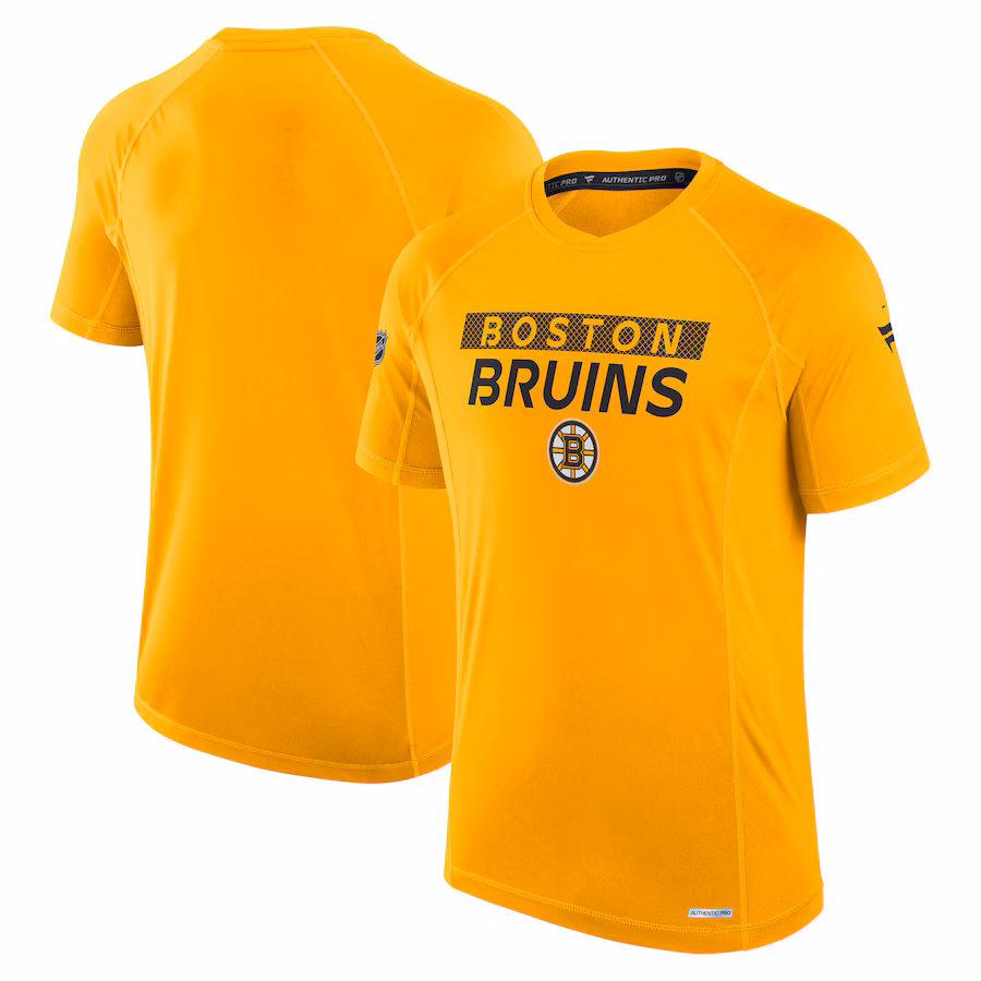 Men's Boston Bruins Fanatics Gold Authentic Pro Rink Tech T-Shirt - Jersey