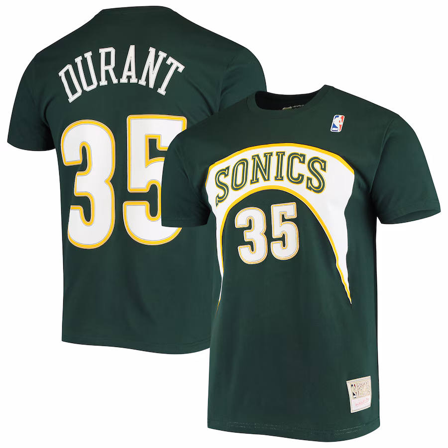 Men's Seattle SuperSonics Kevin Durant Mitchell & Ness Green Hardwood Classics Stitch Name & Number T-Shirt - Jersey