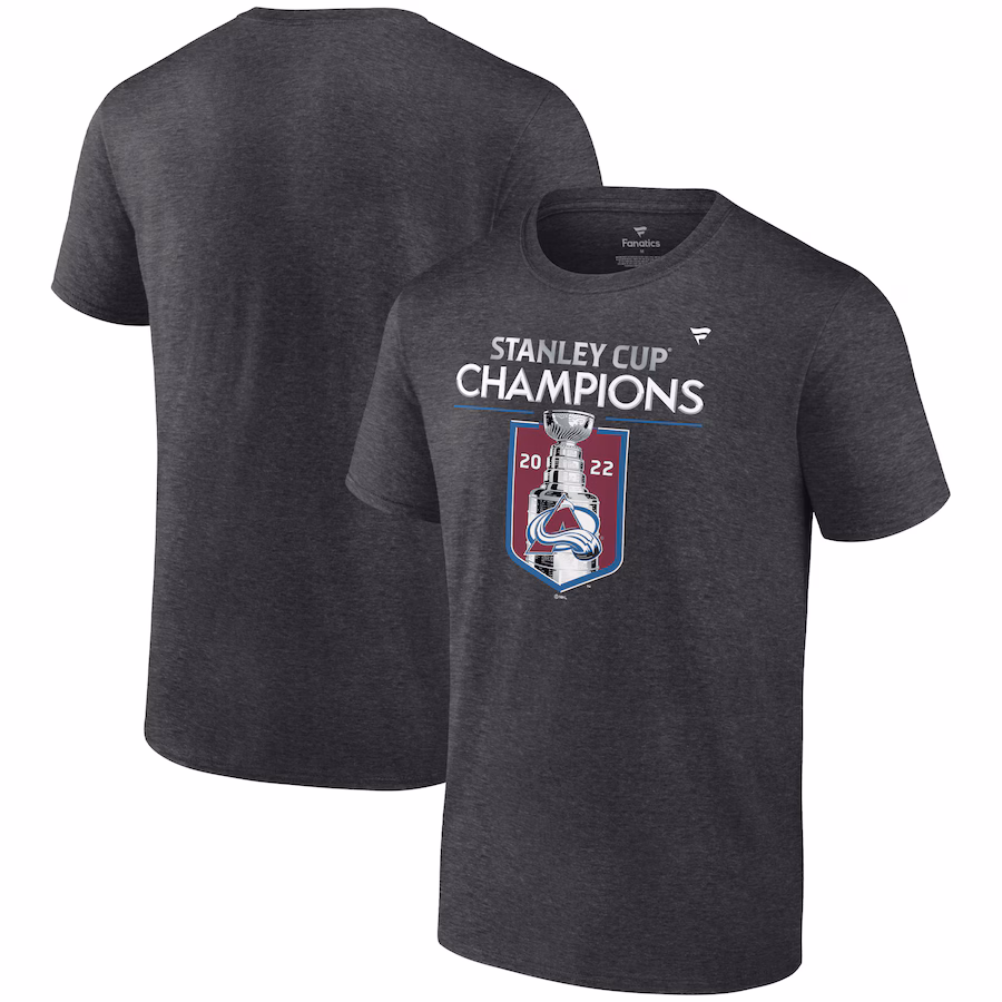 Men's Colorado Avalanche Fanatics Heathered Charcoal 2022 Stanley Cup Champions Locker Room T-Shirt - Jersey