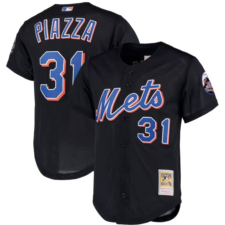 Men's New York Mets Mike Piazza Mitchell & Ness Black Big & Tall Cooperstown Collection Mesh Button-Up Jersey - Jersey