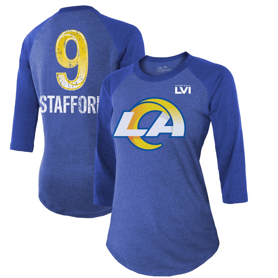 Women's Los Angeles Rams Matthew Stafford Majestic Threads Royal Super Bowl LVI Name & Number Raglan 3/4 Sleeve T-Shirt - Jersey