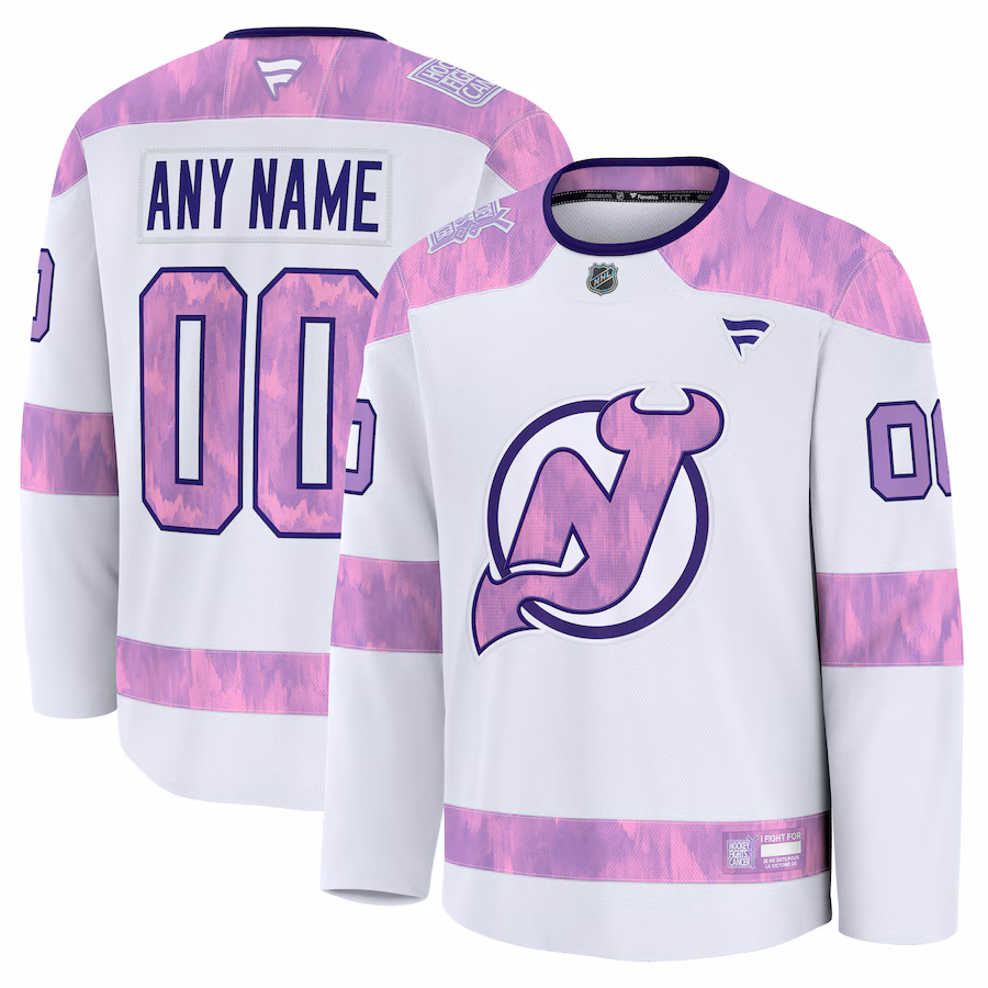 Men's New Jersey Devils Fanatics White 2024 Hockey Fights Cancer Custom Practice Jersey - Jersey