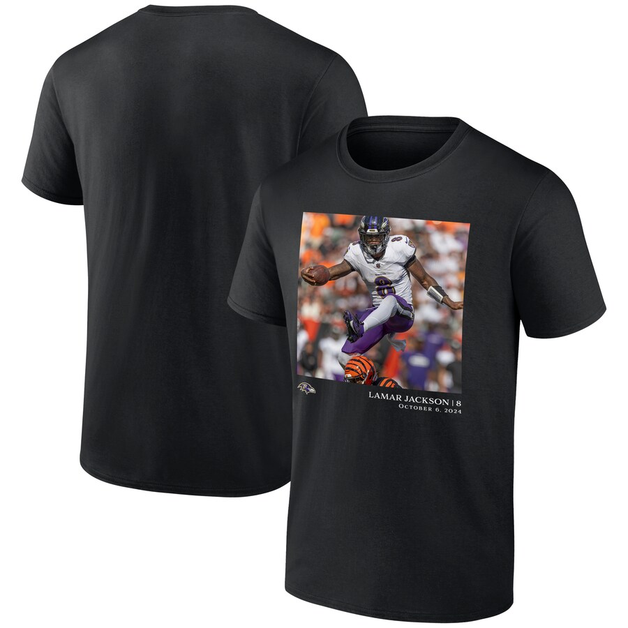 Men's Baltimore Ravens Lamar Jackson Black NFL Flash Features Week 5 T-Shirt - Jersey