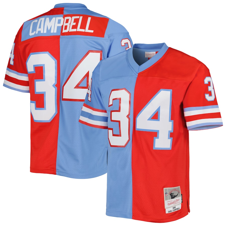 Men's Houston Oilers Earl Campbell Mitchell & Ness Red/Light Blue Gridiron Classics 1980 Split Legacy Replica Jersey - Jersey