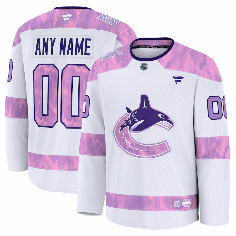 Men's Vancouver Canucks Fanatics White 2024 Hockey Fights Cancer Custom Practice Jersey - Jersey