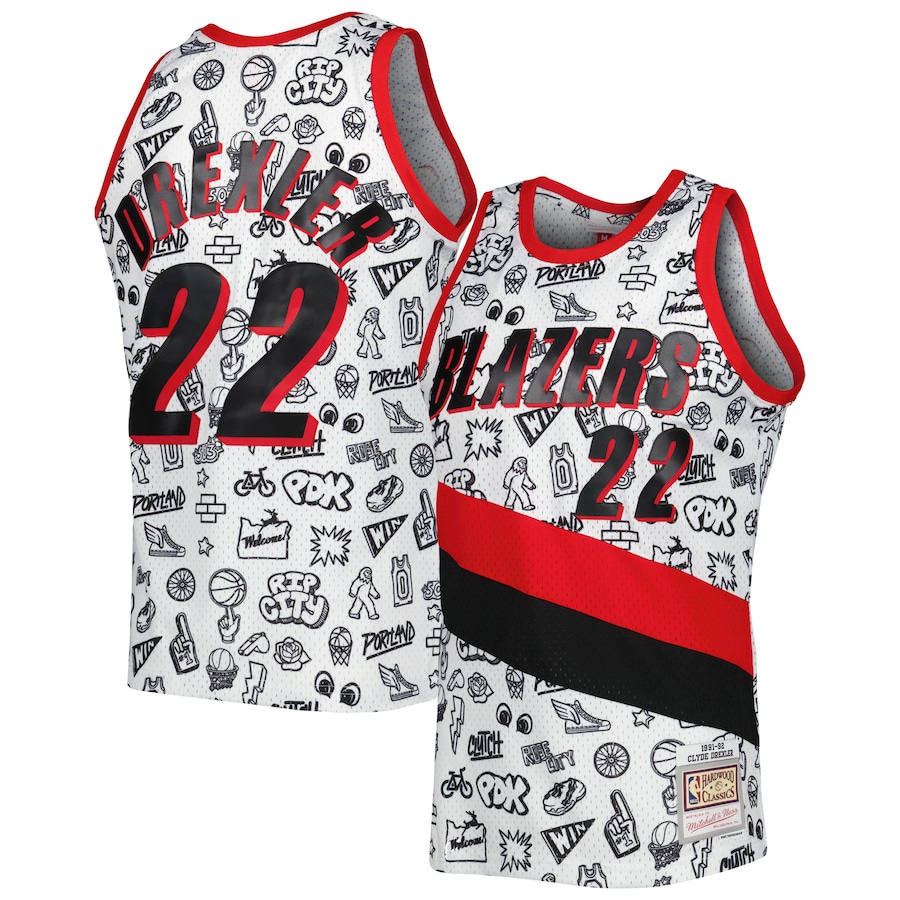 Men's Portland Trail Blazers Clyde Drexler Mitchell & Ness White 1991-92 Hardwood Classics Doodle Swingman Jersey - Jersey