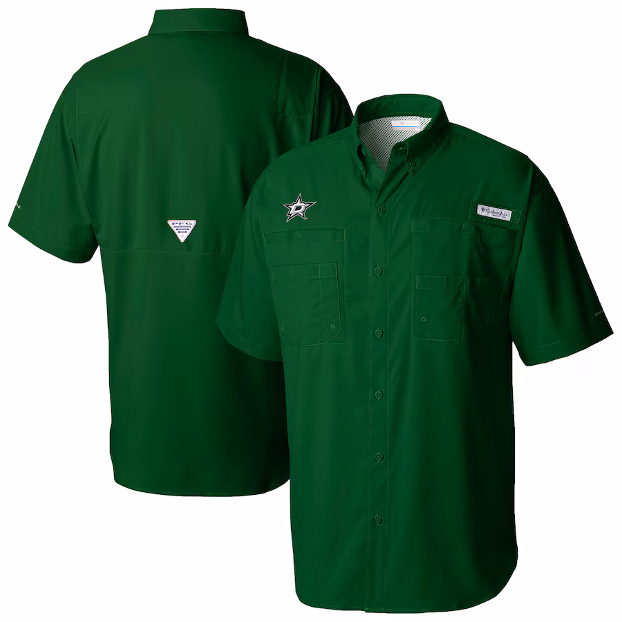 Men's Dallas Stars Columbia Green Tamiami Short Sleeve Omni-Wick Button-Down Shirt - Jersey