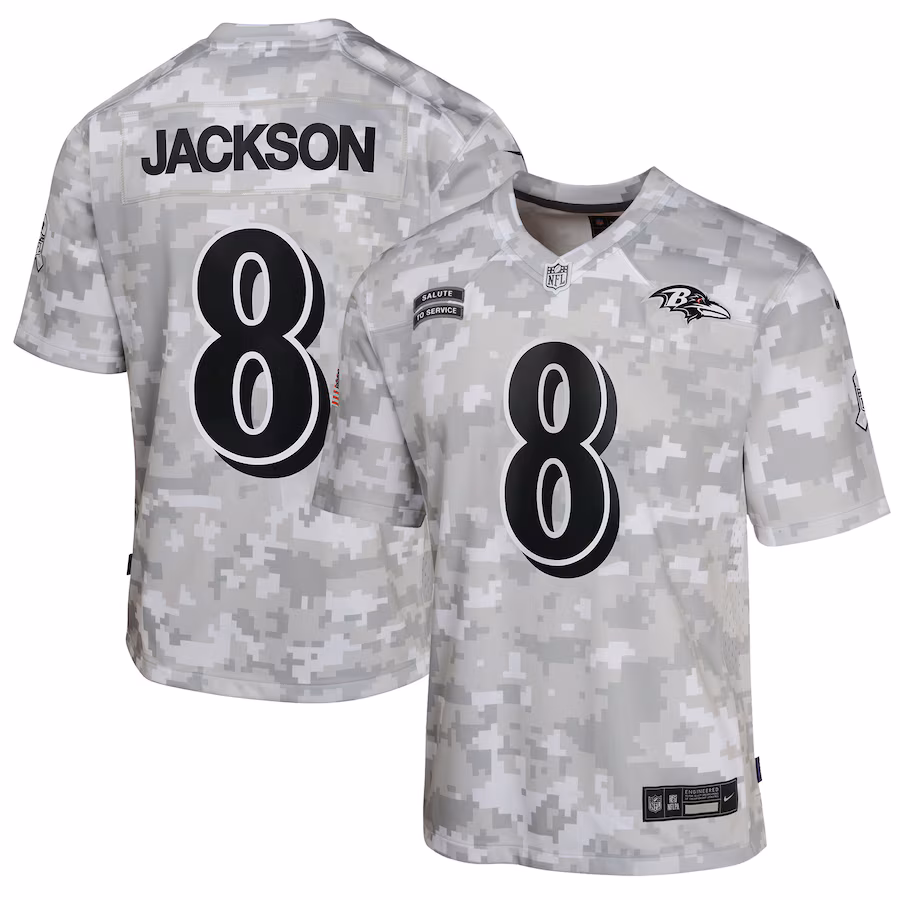 Youth Baltimore Ravens Lamar Jackson Nike Arctic Camo 2024 Salute to Service Game Jersey - Jersey