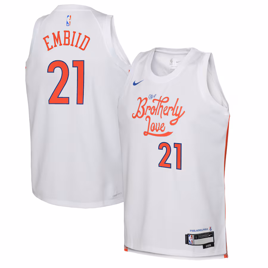 Youth Philadelphia 76ers Joel Embiid Nike White 2022/23 Swingman Jersey - City Edition - Jersey
