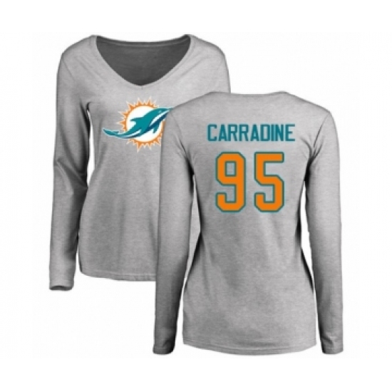 Football Women's Miami Dolphins #95 Tank Carradine Ash Name & Number Logo Long Sleeve T-Shirt - Jersey