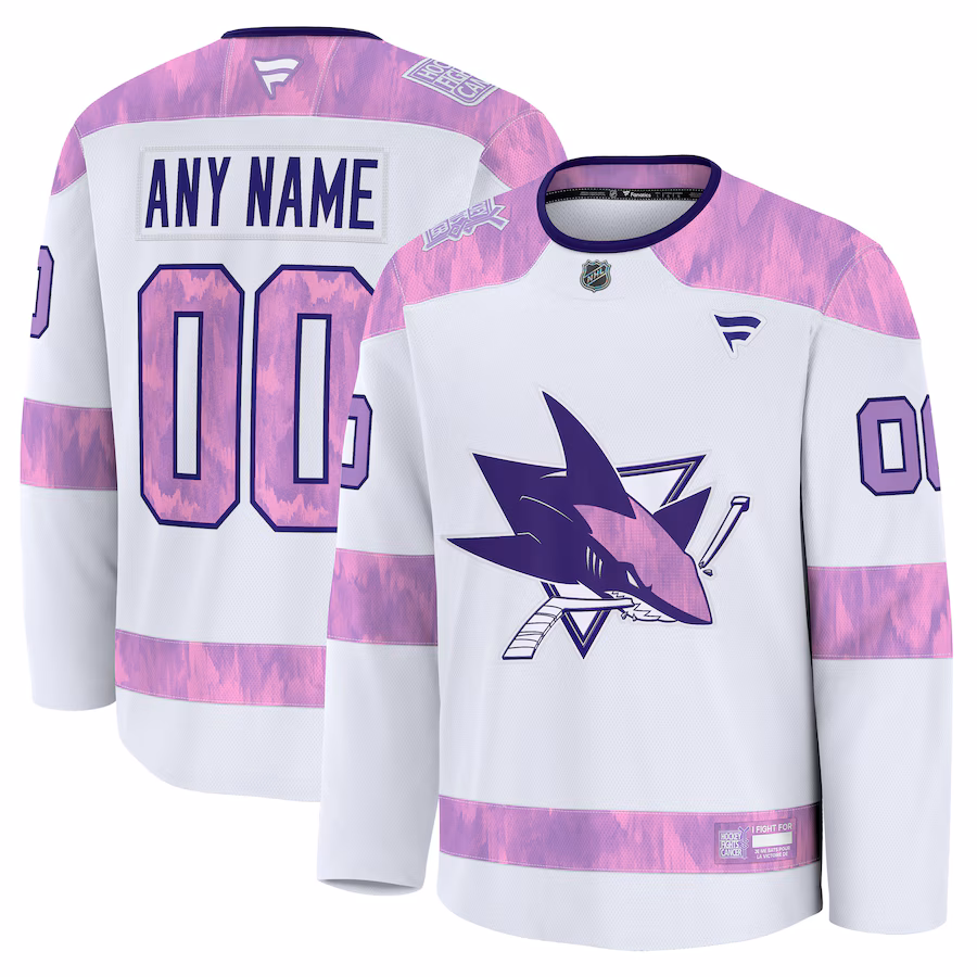 Men's San Jose Sharks Fanatics White 2024 Hockey Fights Cancer Custom Practice Jersey - Jersey