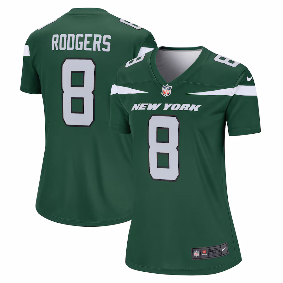Women's New York Jets Aaron Rodgers Nike Gotham Green Team Legend Player Performance Top - Jersey