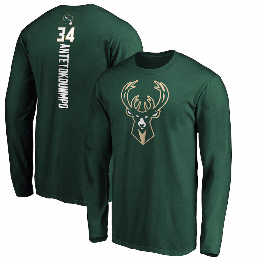 Men's Milwaukee Bucks Giannis Antetokounmpo Hunter Green Playmaker Name & Number Long Sleeve T-Shirt - Jersey