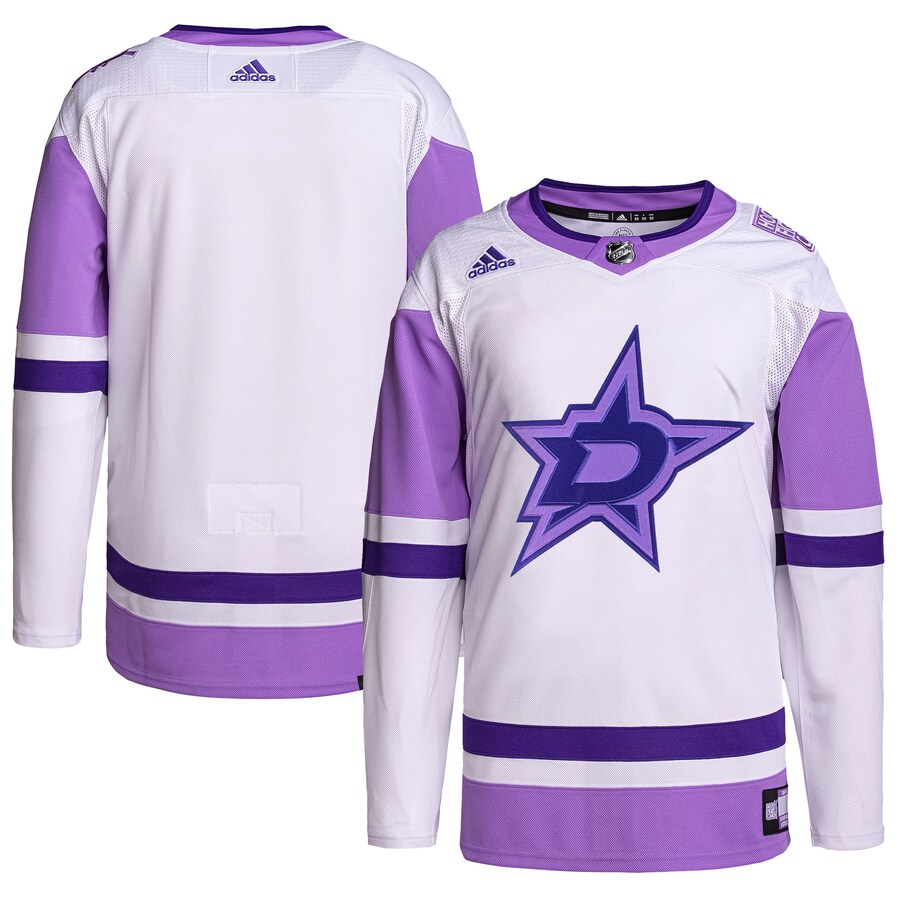 Men's Dallas Stars adidas White/Purple Hockey Fights Cancer Primegreen Authentic Blank Practice Jersey - Jersey