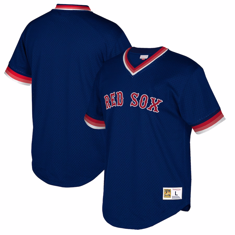 Men's Boston Red Sox Mitchell & Ness Navy Big & Tall Cooperstown Collection Mesh Wordmark V-Neck Jersey - Jersey