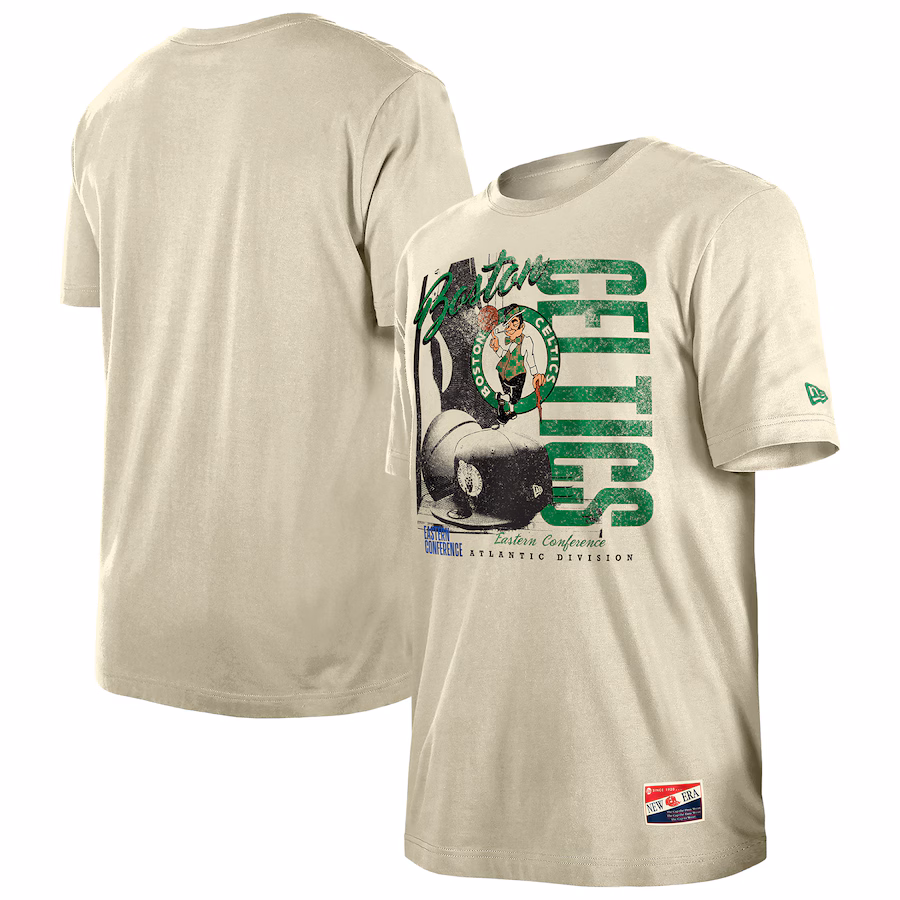 Men's Boston Celtics  New Era Cream Distressed Throwback Vintage Color Pack T-Shirt - Jersey