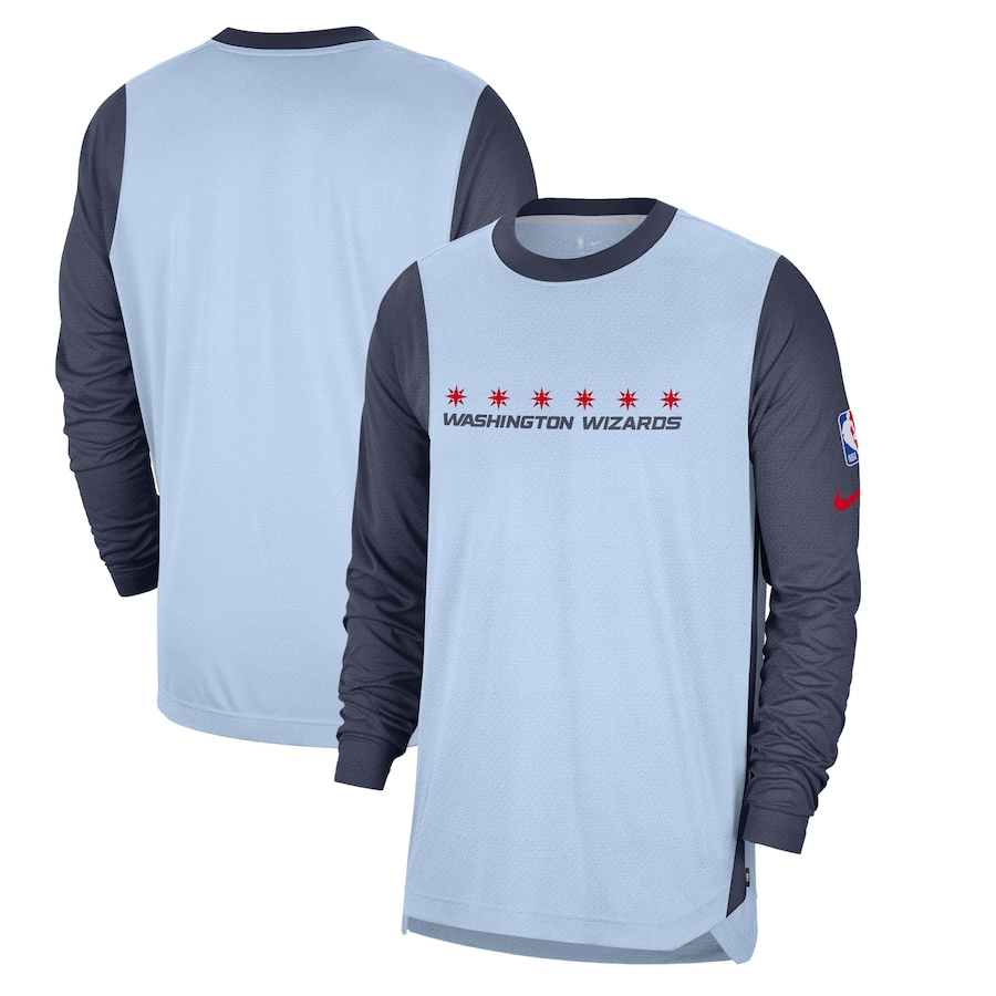 Men's Washington Wizards Nike Light Blue 2024/25 City Edition Authentic Pregame Performance Long Sleeve Shooting T-Shirt - Jersey