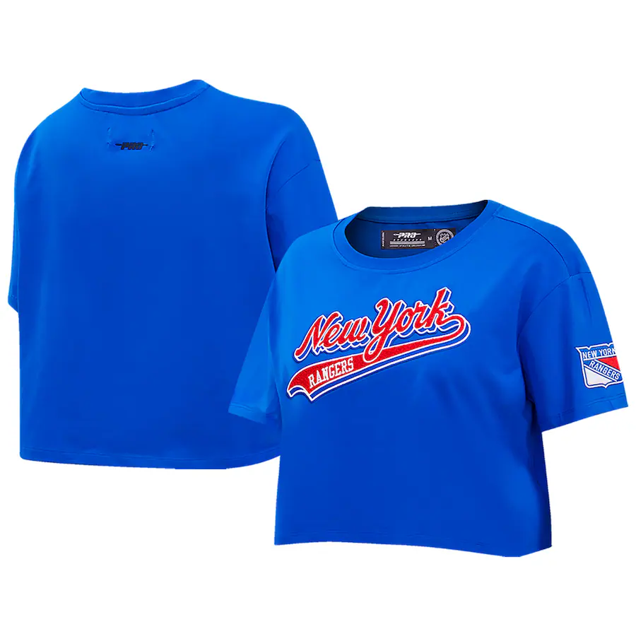 Women's New York Rangers Pro Standard Blue Boxy Script Tail Cropped T-Shirt - Jersey