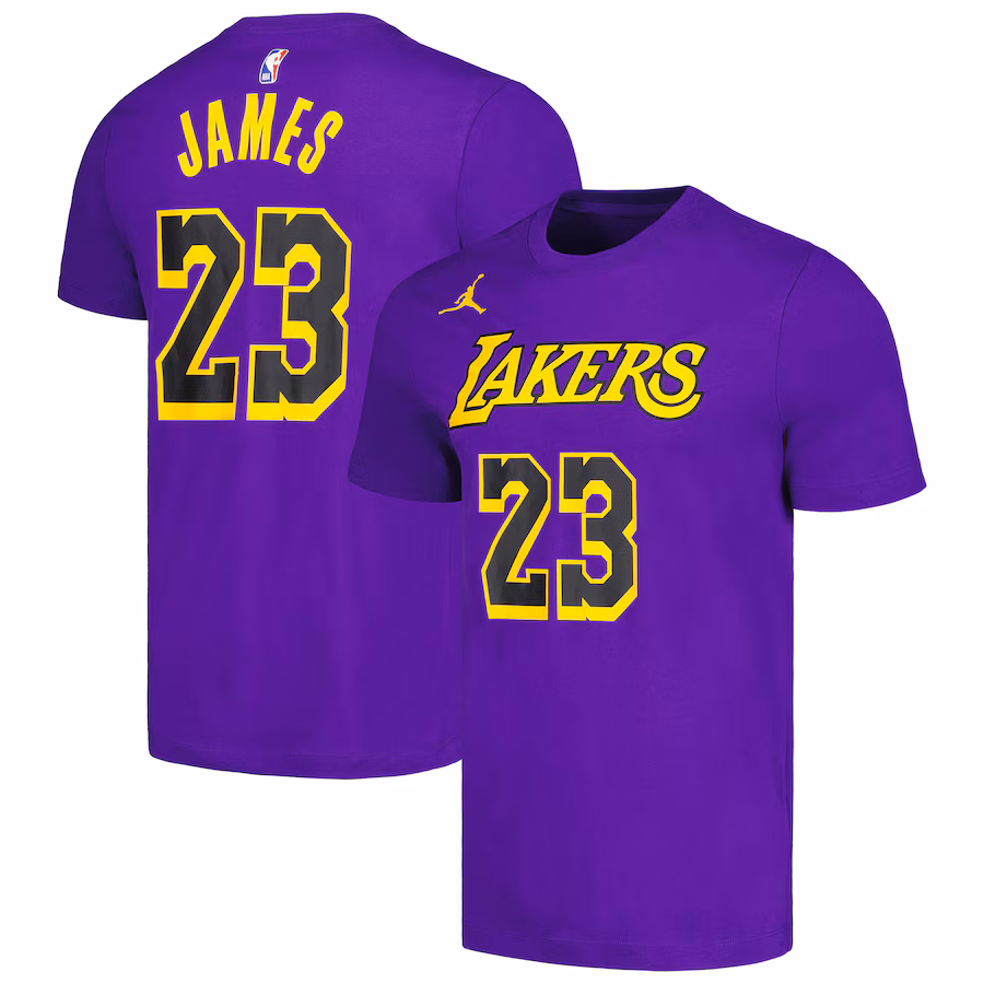 Men's Los Angeles Lakers LeBron James Jordan Brand Purple 2022/23 Statement Edition Name & Number T-Shirt - Jersey