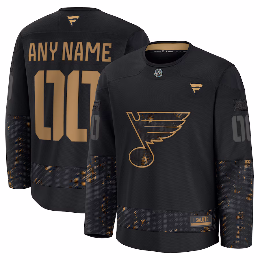 Men's St. Louis Blues Fanatics Black 2024 Military Appreciation Personalized Long Sleeve Practice Jersey - Jersey