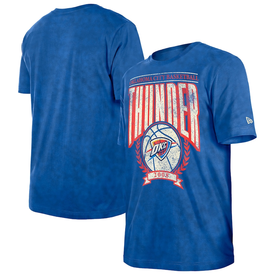 Men's Oklahoma City Thunder  New Era Blue Hardwood Classics Oversized Boxy Mineral Wash T-Shirt - Jersey