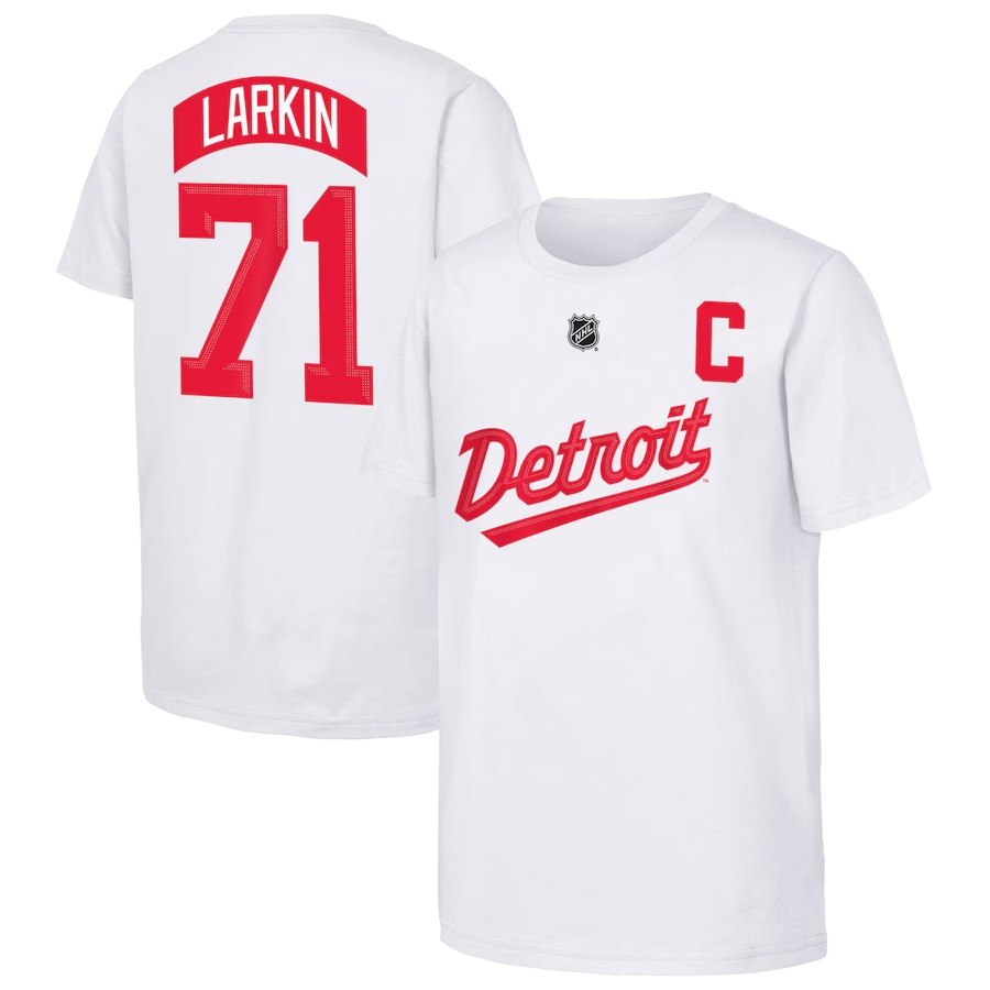 Youth Detroit Red Wings Dylan Larkin White 2025 NHL Stadium Series Replica Player Name & Number T-Shirt - Jersey
