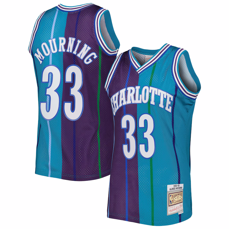 Men's Charlotte Hornets Alonzo Mourning Mitchell & Ness Teal/Purple Hardwood Classics 1992/93 Split Swingman Jersey - Jersey