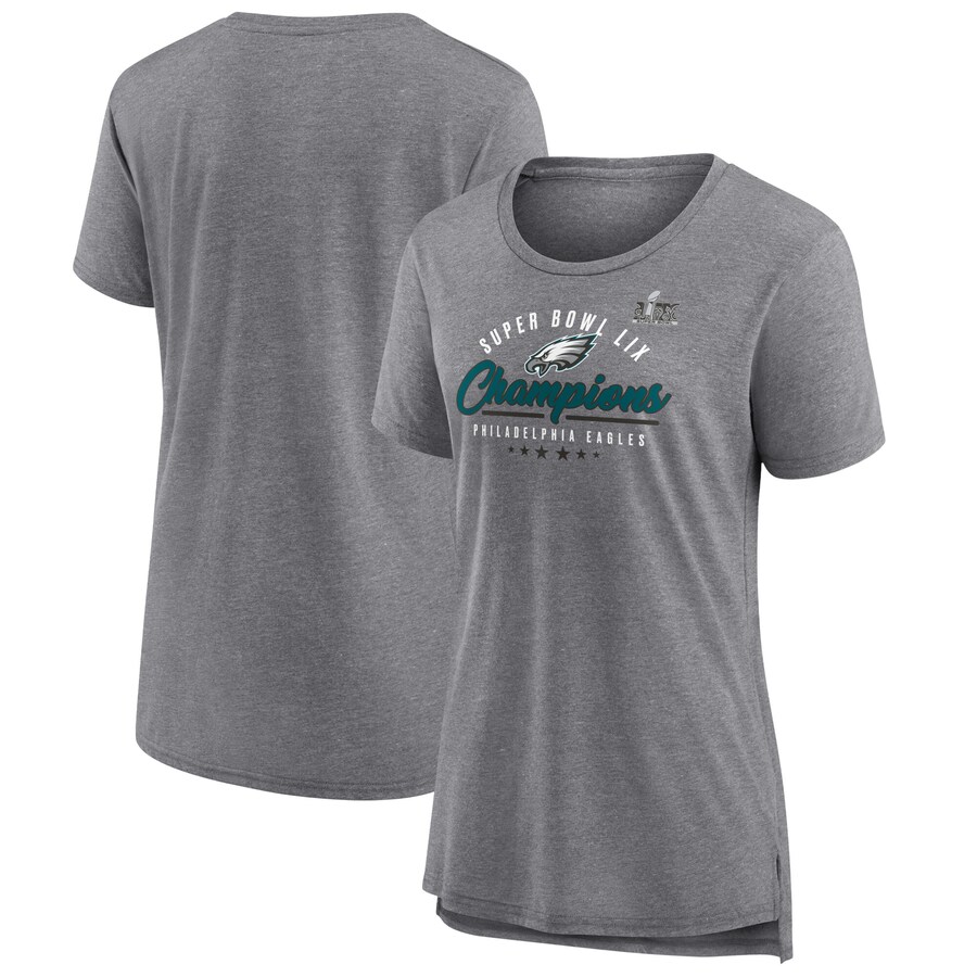 Women's Philadelphia Eagles  Fanatics Heather Gray Super Bowl LIX Champions Prestigious Run Tri-Blend Scoop Neck T-Shirt - Jersey