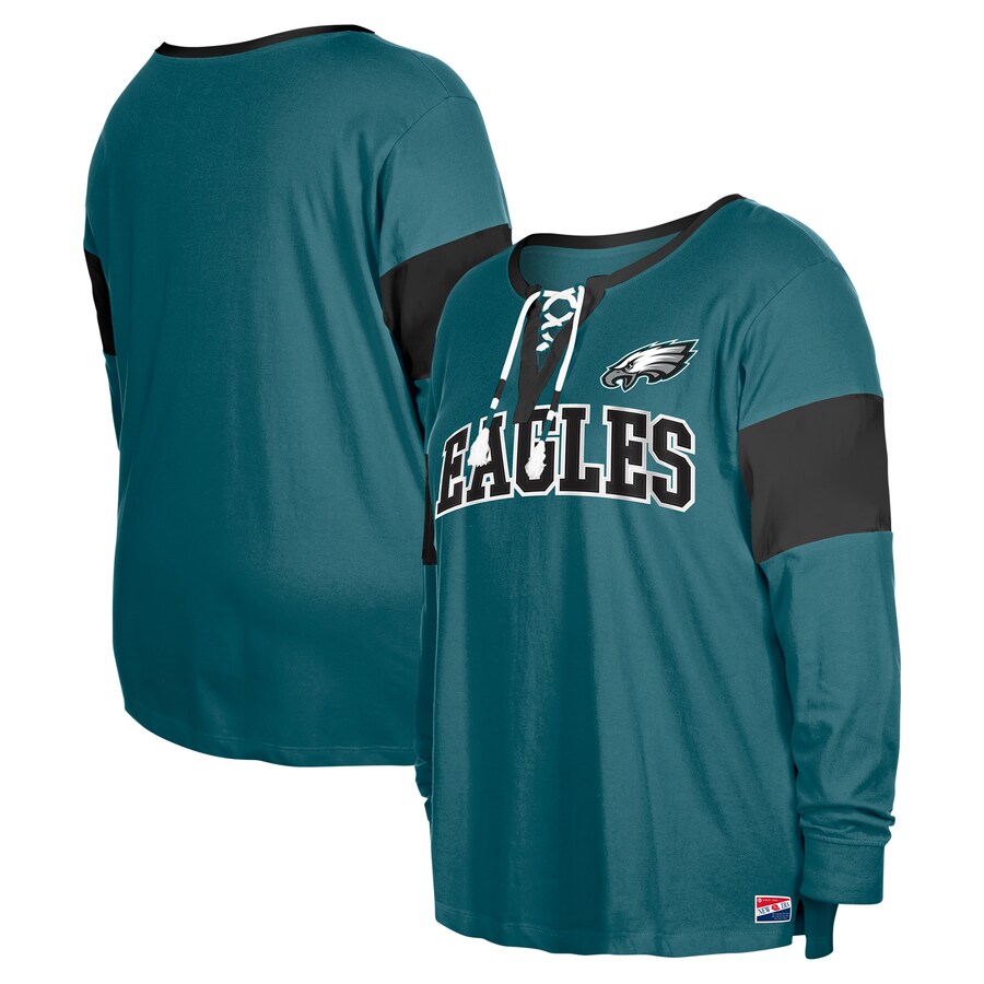 Women's Philadelphia Eagles New Era Midnight Green Plus Size Lace-Up Notch Neck Long Sleeve T-Shirt - Jersey