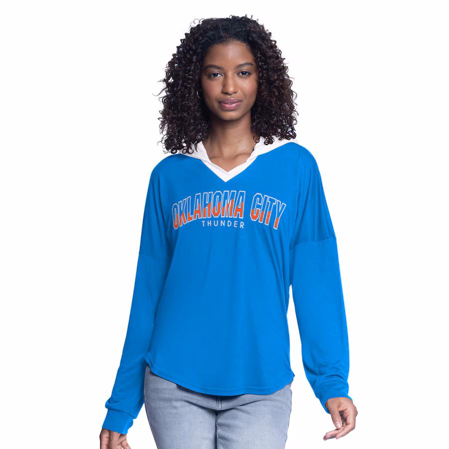Women's Oklahoma City Thunder G-III 4Her by Carl Banks Blue Bench Player Oversized Long Sleeve Hooded Top - Jersey