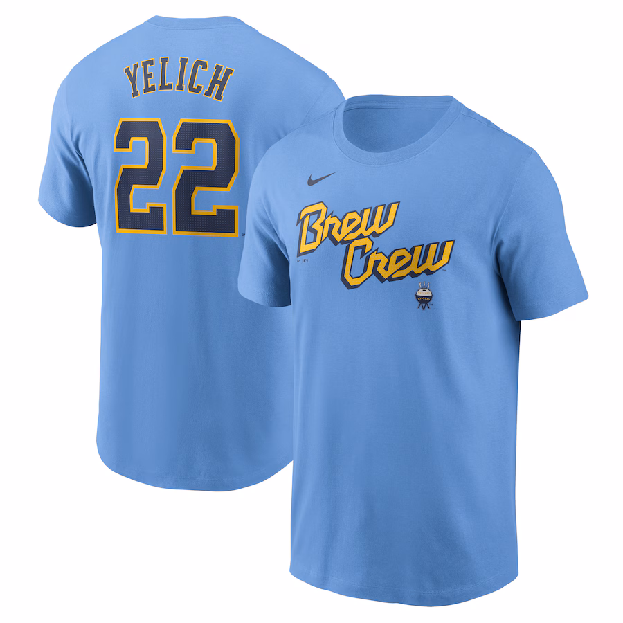 Men's Milwaukee Brewers Christian Yelich Nike Powder Blue City Connect Fuse Name & Number T-Shirt - Jersey
